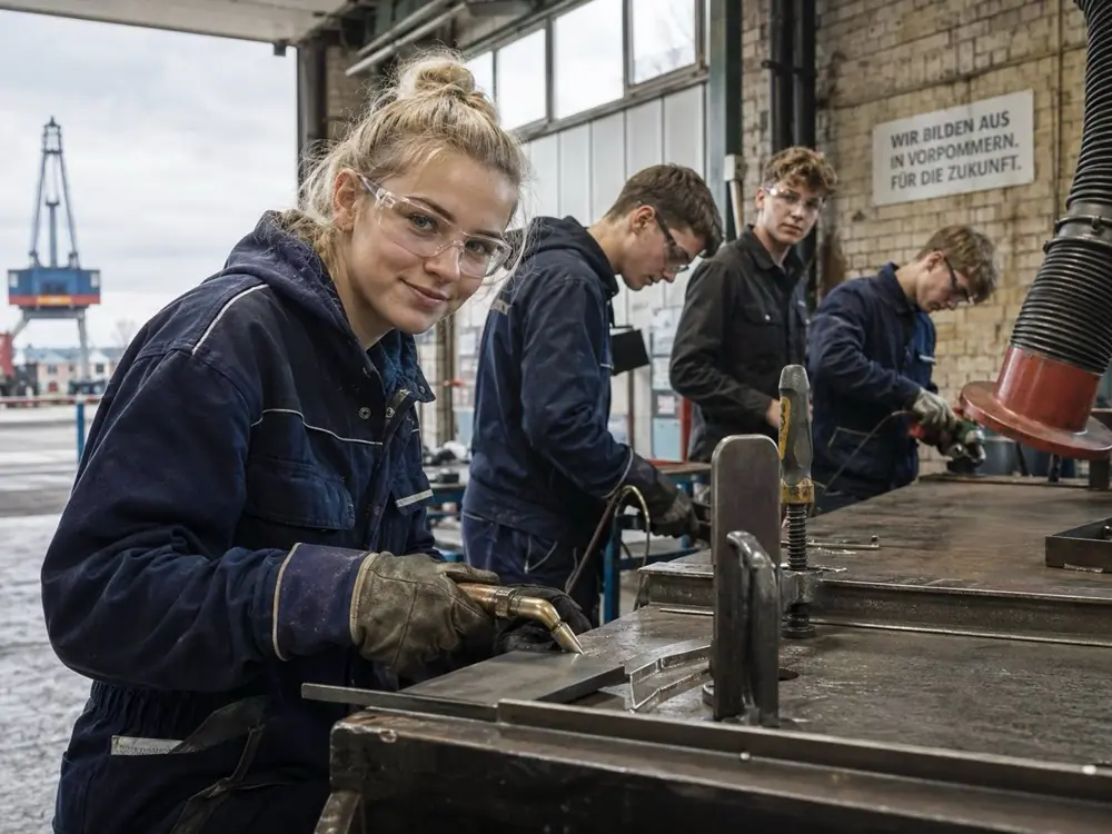 Vier Jugendliche in Arbeitskleidung an einer Werkbank in einer Metallwerkstatt am Hafen, an der Wand das Schild „Wir bilden aus in Vorpommern“.