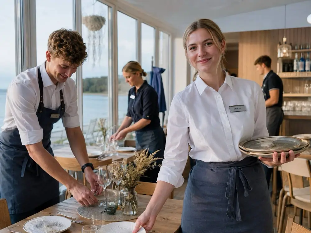 Zwei junge Servicekräfte richten Tische in einem Restaurant mit Blick auf das Wasser ein.